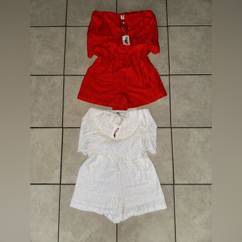 NWT Jessica Simpson Strapless Coral and White Lace Rompers BUNDLE!
